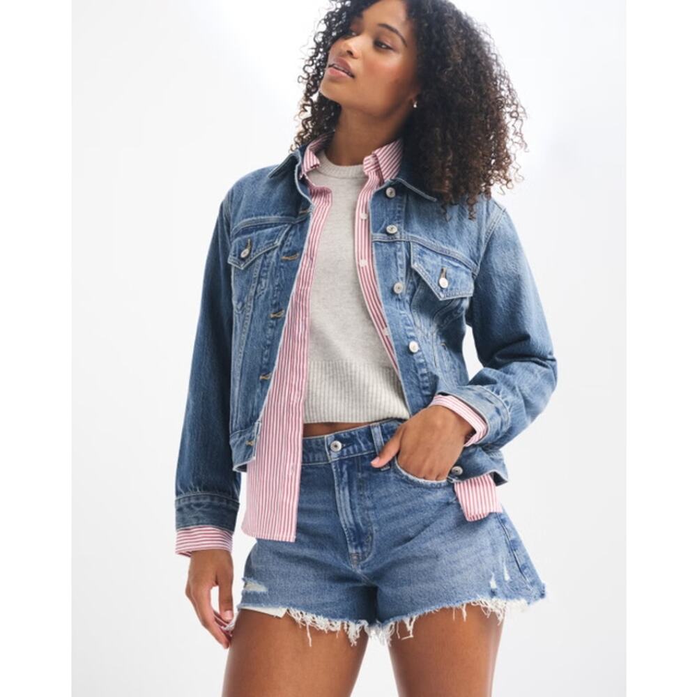 Abercrombie & Fitch Curve Love High Rise Mom Shorts Distressed Medium Wash